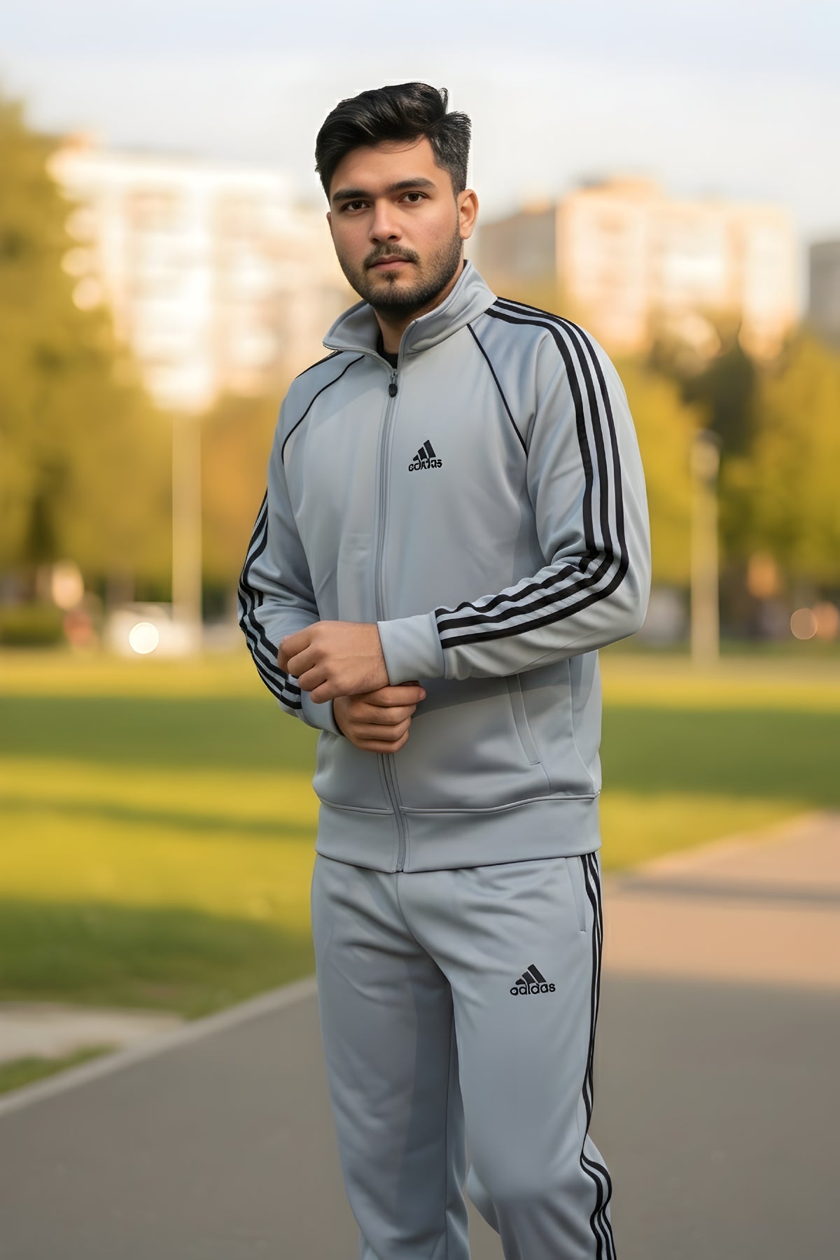 Grey Black Adidas 3-Stripes Tracksuit Front