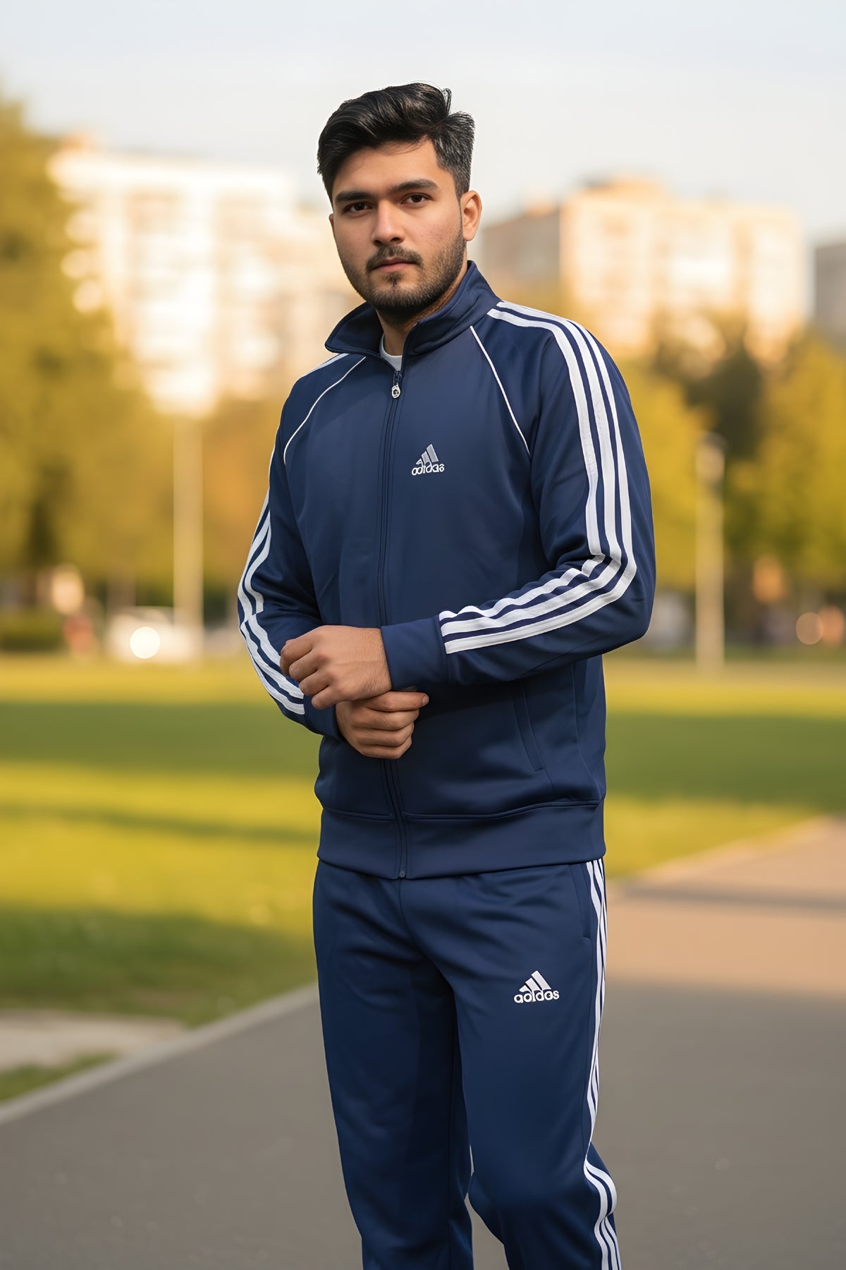 Navy Blue Adidas 3-Stripes Tracksuit Front