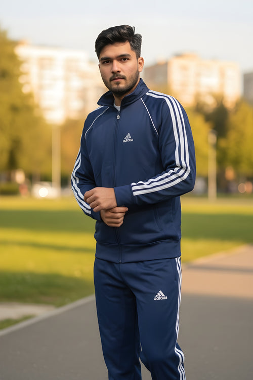 Navy Blue Adidas 3-Stripes Tracksuit Front