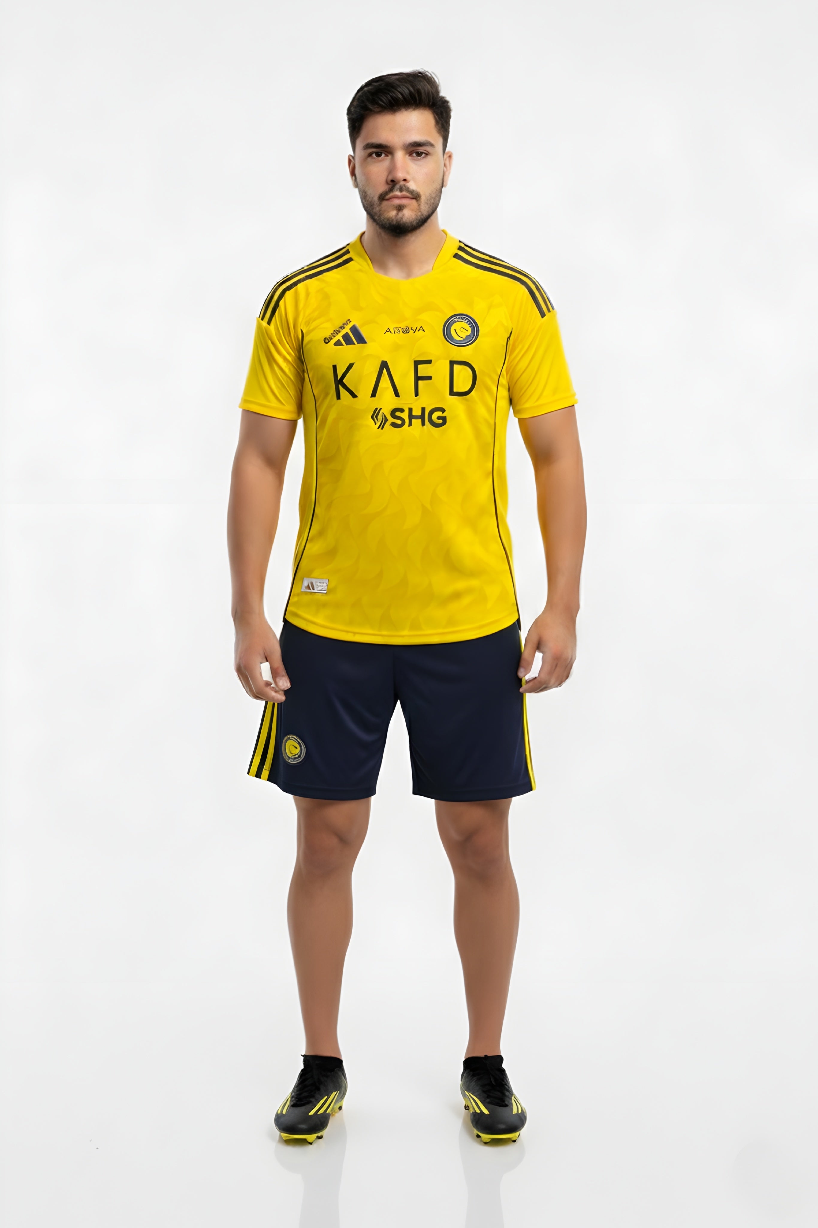 Person wearing a yellow sports jersey with black shorts on a white background