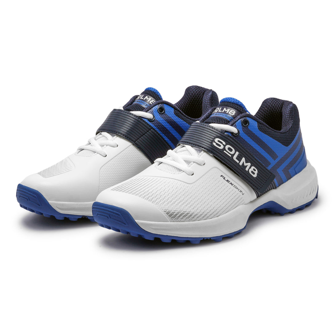 SOLM8 S8 breathable upper cricket shoes top view White Blue 