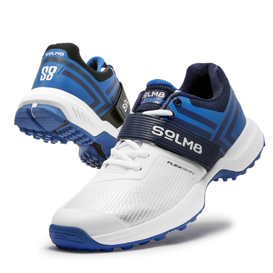 SOLM8 S8 outsole rubber grip cricket shoes close-up White Blue 